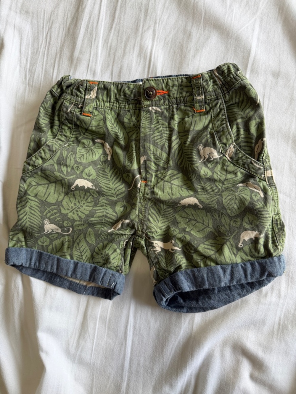 Mini Boden Olive Green Jungle Shorts with Monkey Motif